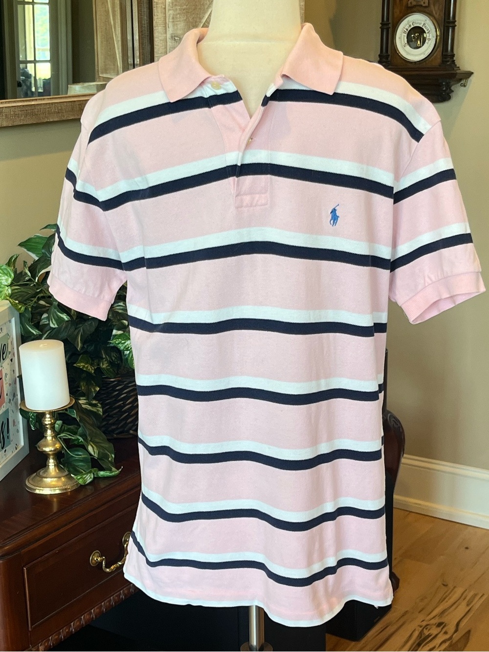 Polo Ralph Lauren Men's Pink with Navy and White Striped Polo Shirt